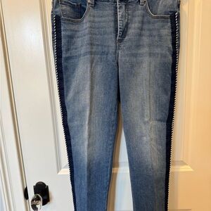 Chico’s so slimming crop girlfriend jeans for women with navy/white seam trim